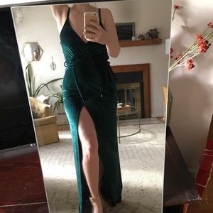 Boohoo green velvet spaghetti strap wrap dress
